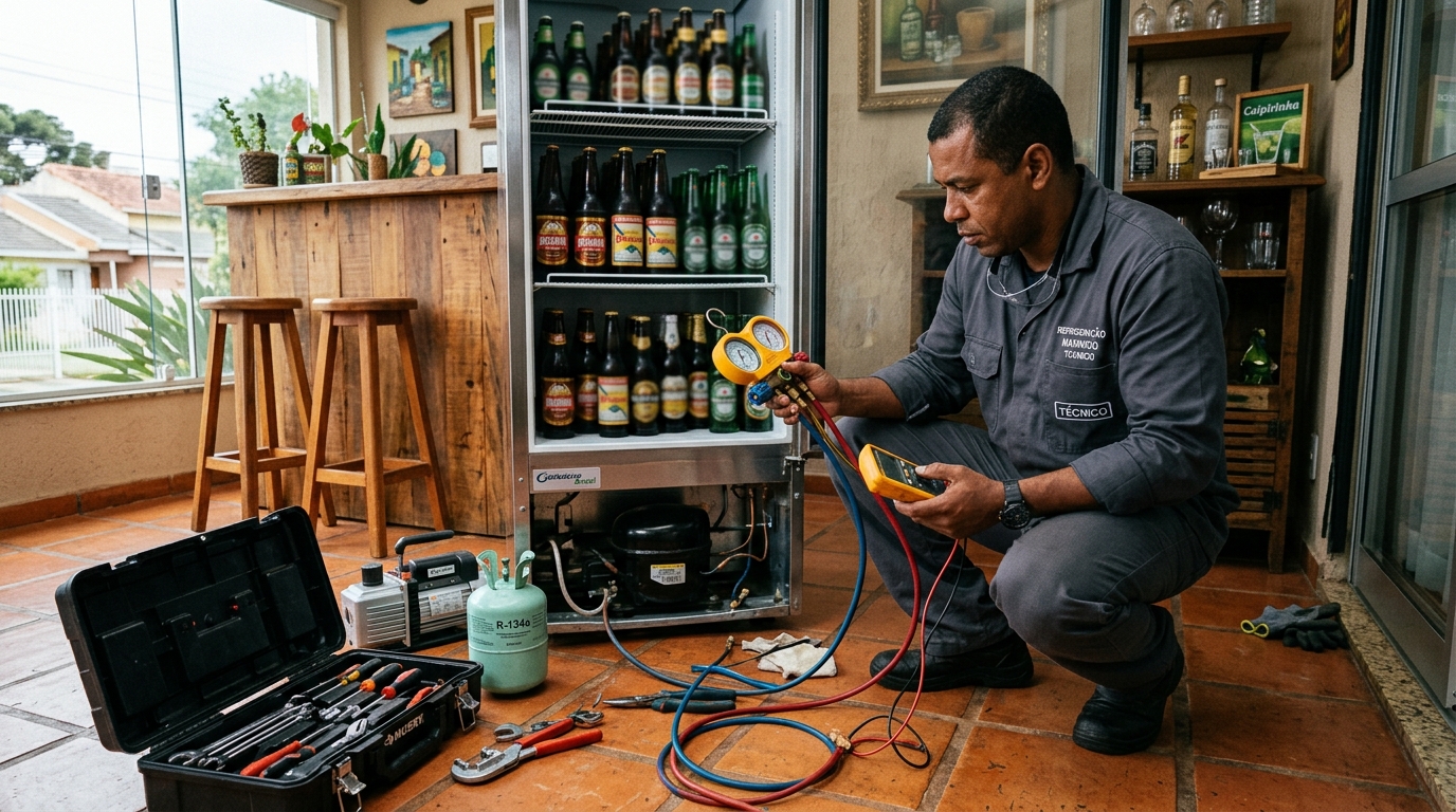 Técnico realizando manutenção de motor de cervejeira em Guarulhos‑SP