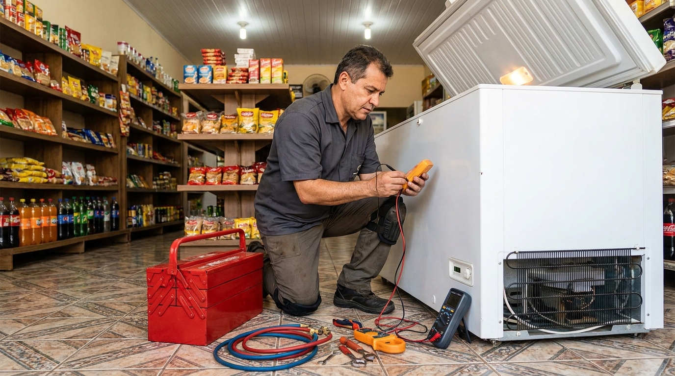Recarga de gás refrigerante em freezer em atendimento em Guarulhos‑SP