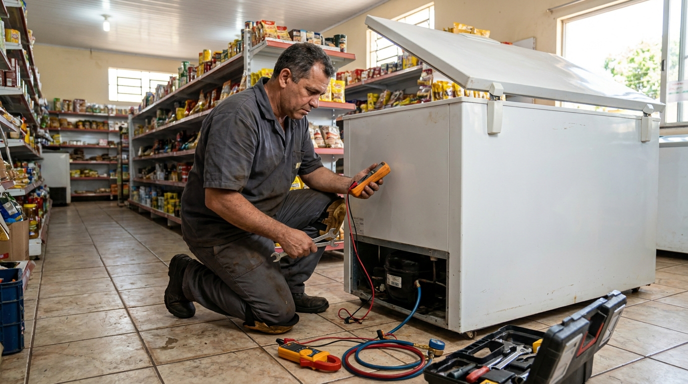 Troca de termostato de freezer em atendimento técnico em Guarulhos‑SP